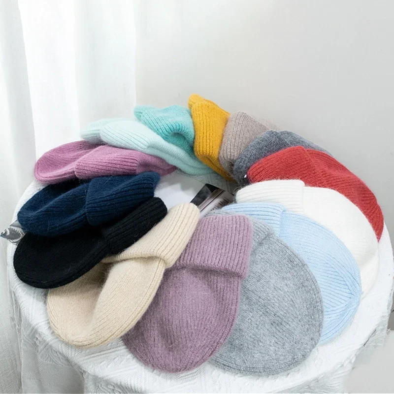 24colors Women Luxury Angola Rabbit Fur Knitted skullies & beanies Women\'s Hat 2024 Fashion Solid Warm Cashmere Wool Three Fold