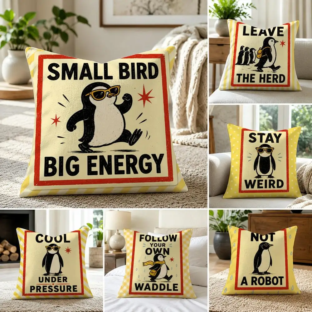 Pattern I wanna be the Penguin Cushion Cover Linen, washable  soft. Perfect for sofas, beds  home decor.