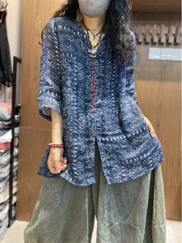 

Slimming Effectiven V-Ne Printed Flax irt Five-Quarter Sves Women's Summer Vintage Versatile k Blue irt