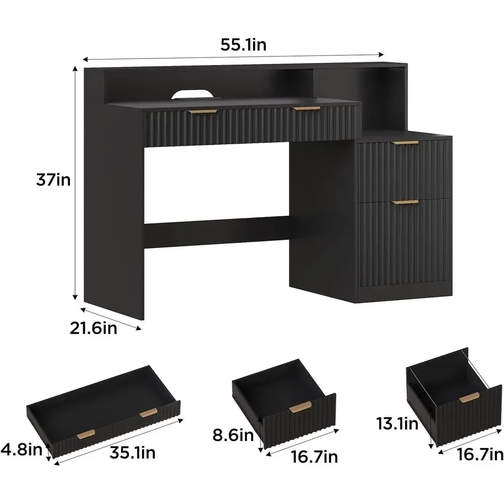luted Computer Desk with Power Outlets, Home Oice Desk with Ders, Printer Stand, Wood Computer Desk with Long Monitor Stand, Bla