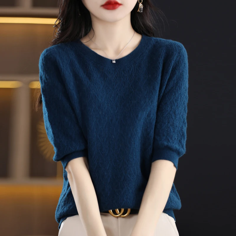 Spring Autumn Women 100% Merino Wool Seamless Sweater Half Sleeve O-neck  Hollow Out Pullover Casual Knit Soft Bottoming Top