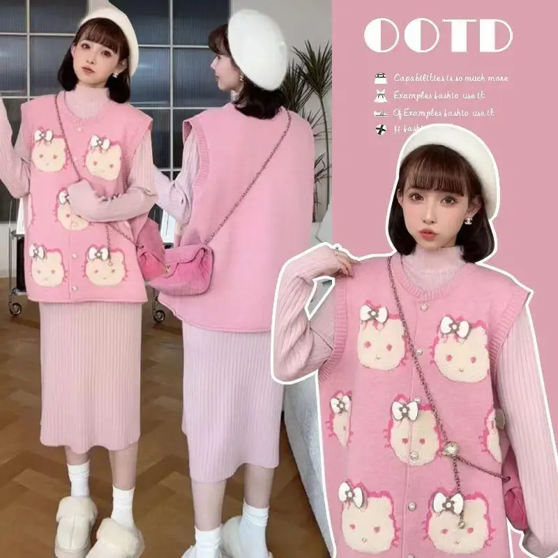 Hot Hello Kitty Three-Dimensional Jacquard Knitted Vest Girls Autumn Winter Vest Sweet Bottoming Shirt Casual Inner Sweater Tops