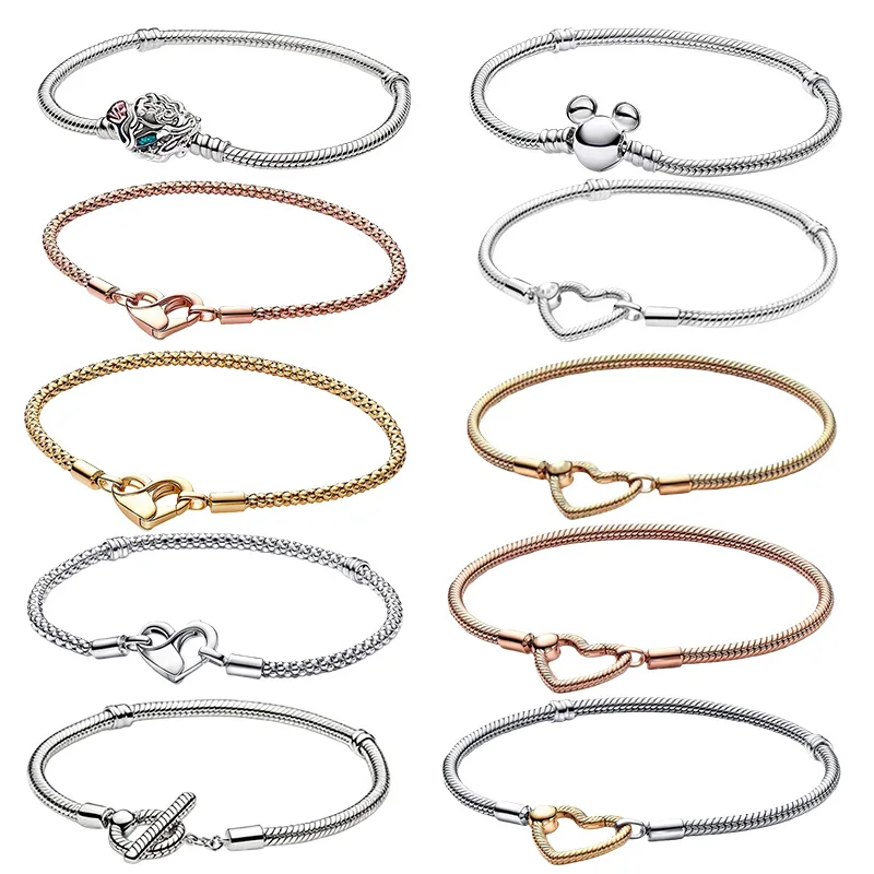 Nouveau Bracelet DIY en Argent S925 pour la Saint-Valentin, Série Longue Chaîne Os de Serpent, avec Pendentif Cœur en forme de T, Bijou