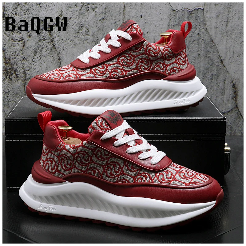 Leather Casual Increased Flat Platform Shoes Men Lace Up Sports Shoes Chunky Sneakers High Quality Fashion Male Designer Shoes