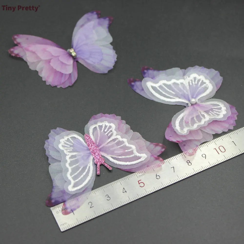 10pcs 75mm Four-layer Lavendar Pruple Stone Organza Butterflies Fabric Butterfly Applique Patches Bridal Wedding Decoration