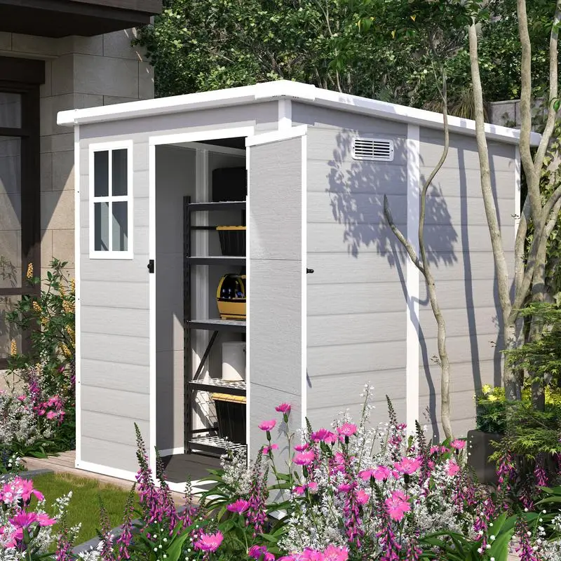 

6x6 FT Waterproof Resin Outdoor Storage Shed with Floor, Window, Lockable Doors & Vents for Garden, Bike, Backyard & Lawn Use,