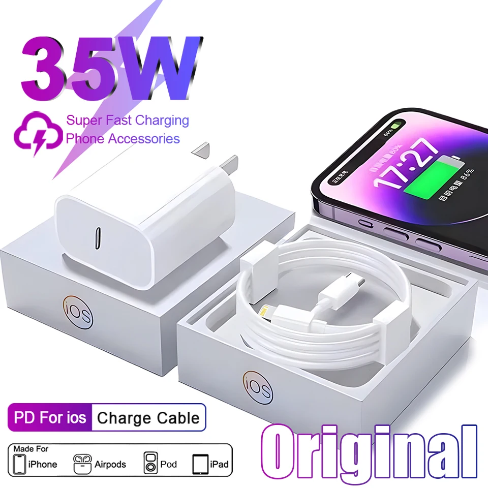 Original PD 35W Fast Charger For iPhone 15 14 13 12 11 Pro Max Plus X USB C Cable Fast Charging Type-C Date 1M Cables Accessorie