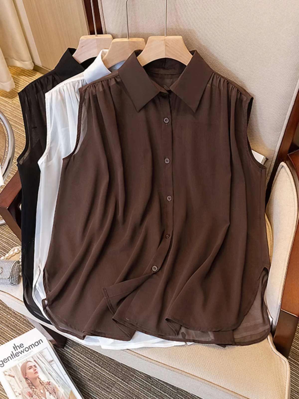 

Elegant Summer Sleeveless Chiffon Shirt Women's plus Size Beautiful Slimming Outerwear Tank Top Belly Cover Stylish Cute Blouse