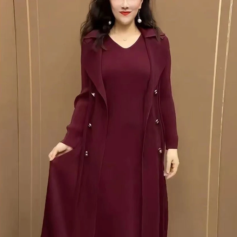 Spring Autumn Fake Two Pieces Elegant Fashion Dress Lady Long Sleeve Temperament Solid Color Vestido Women Vintage Casual Dress