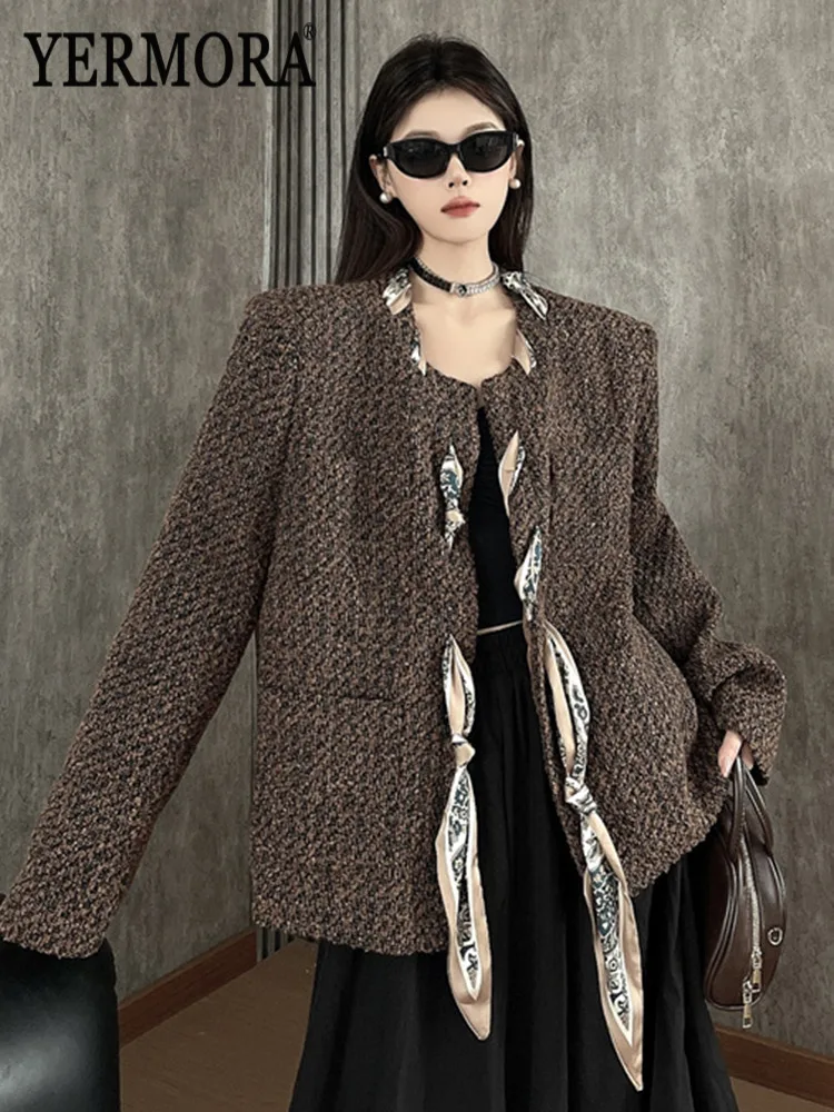 

YERMORA Coffee Ribbon Pocket Casual Blazer For Women V-Neck Long Sleeve Loose New Jacket Fashion Tide Spring Autumn 2025