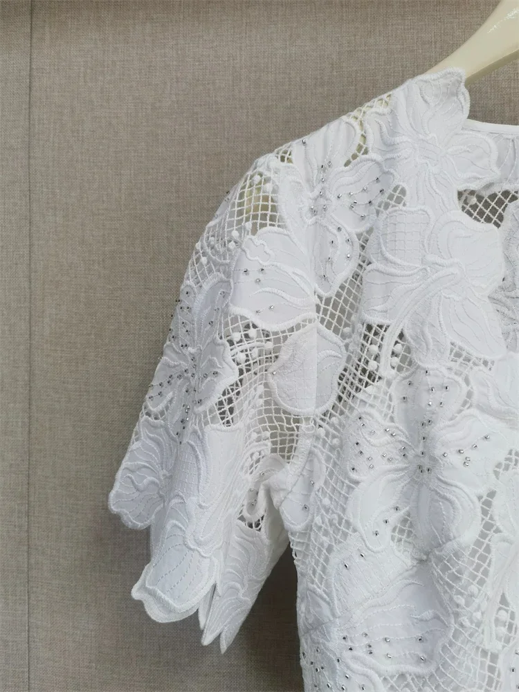2026 Summer White V Neck Mini Dress Women Lace Hollow Out Embroidery Cinch Waist Short Robe