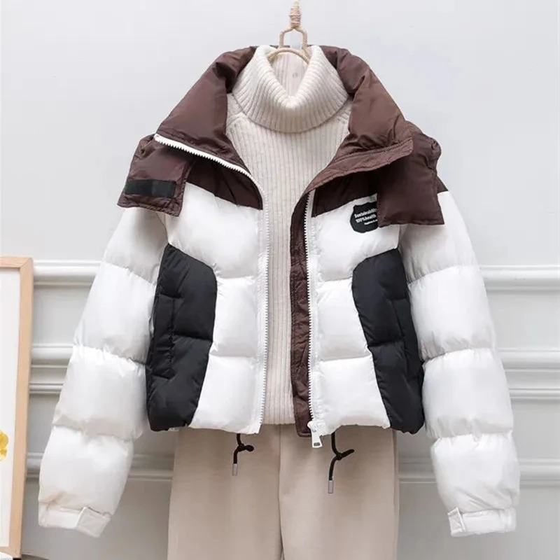 Splicing Down Cotton-Padded Jacket Women\'s short Overcoat Winter New Korean Loose Hooded Bread Clothing Thicke Warm Parker Coat