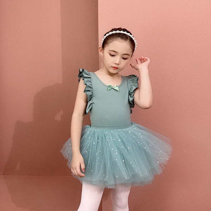 Artistic Skating Child Dresses Flutter Short Sleeve Girl Ballet Leotard Korea Princess Tutu Skirt Bow Knot Jersey Ballerina New