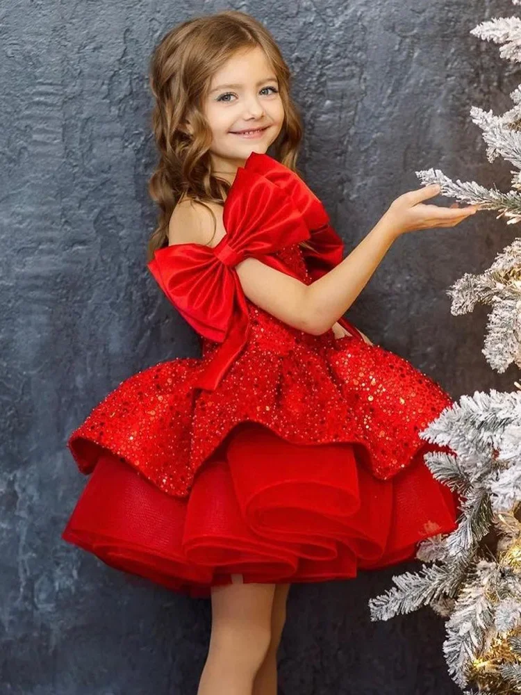 

Glitter Bowtie Red Flower Girl Dress Ruffles Scoop Neck Cute Baby Girl Tutu Party Gown Short Graduation Kids Prom Dress