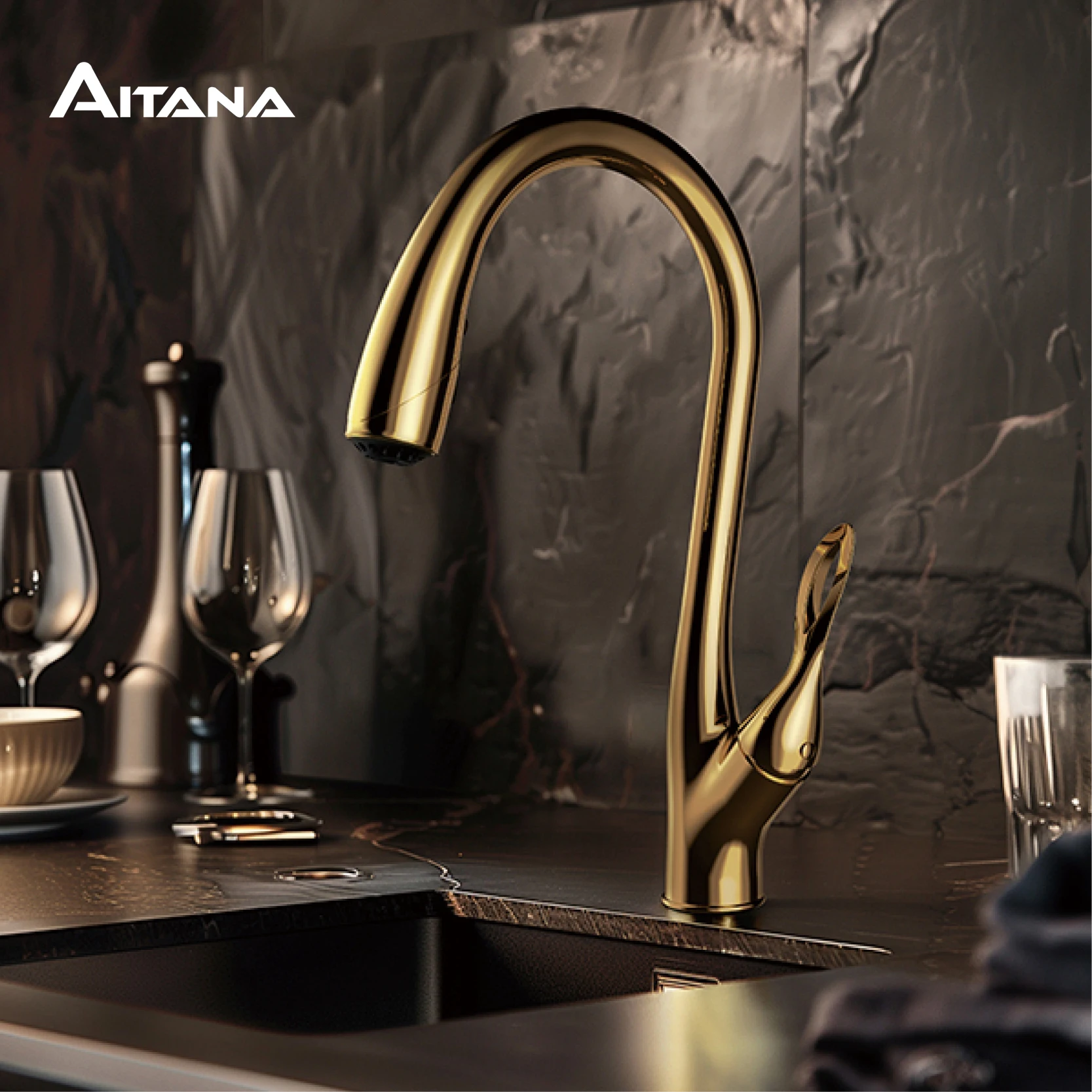 

AITANA Modern Luxury Golden Brass Kitchen Faucet Pull-Out Design Single Handle for Hot And Cold Water 3 Functions Sink Faucet