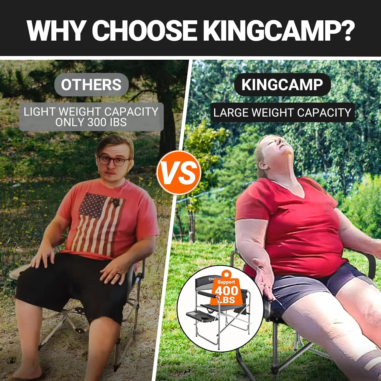 كرسي تخييم مباشر مكون من قطعتين مع مقاعد محمولة مبطنة قابلة للطي، باللون الأسود