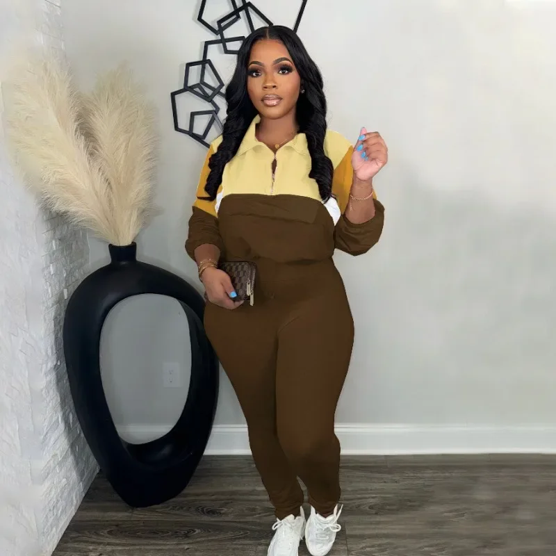 Sporty Casual Two Piece Set for Women Sweatsuit Fall Winter Patchwork Sweatshirt Top and Pants Running Tracksuit Joggings Femme