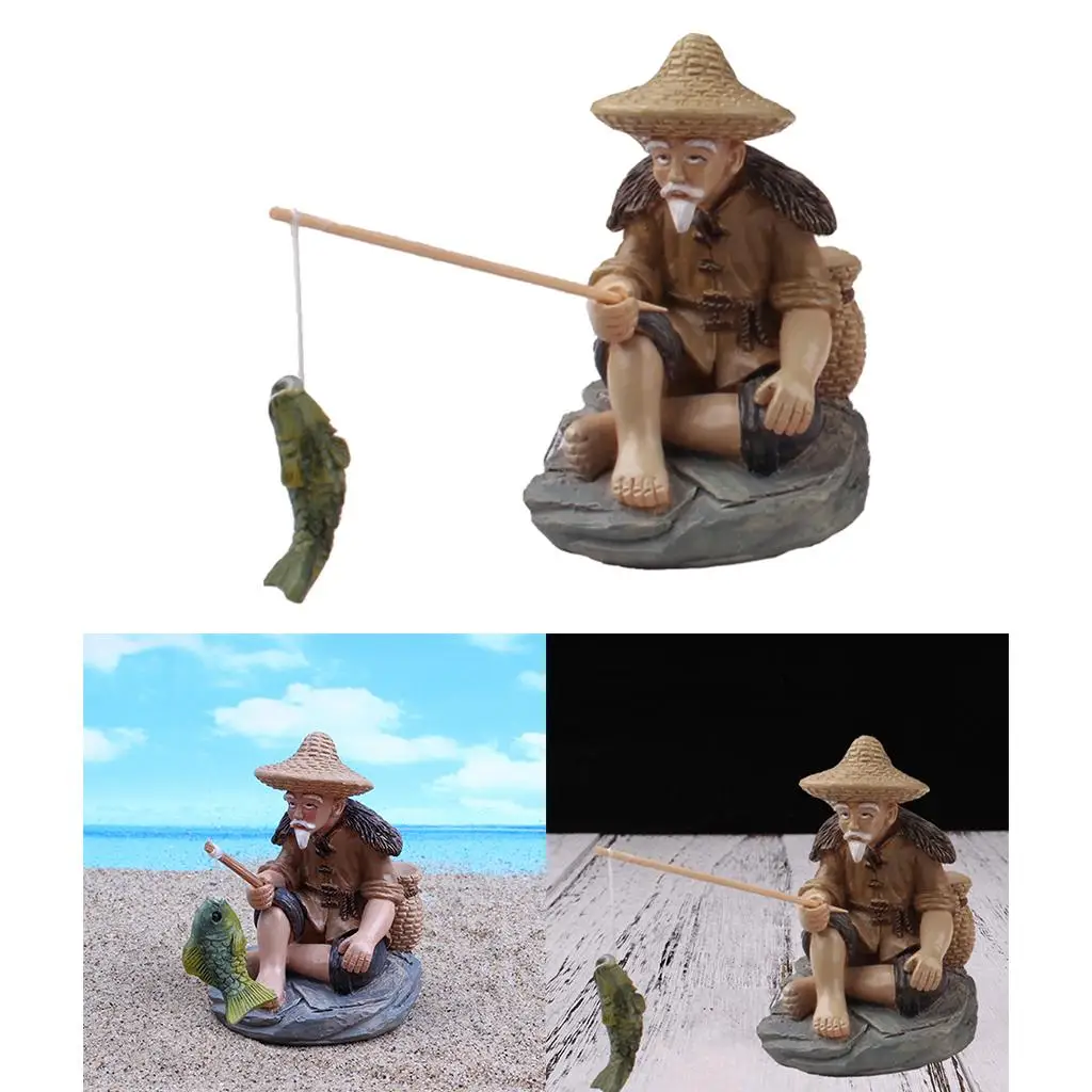 Fisherman Resin Figurines Fishing Old Man Garden Statue Bonsai Planter Pool