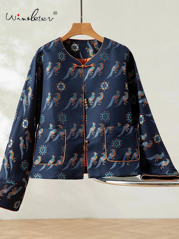 

Winsleter-100%Real Silk Song Brocade Elegant Coat, O Neck Pocket Button, Women Luxury Versatile Loose Coat, 2025 Winter C5N806CC