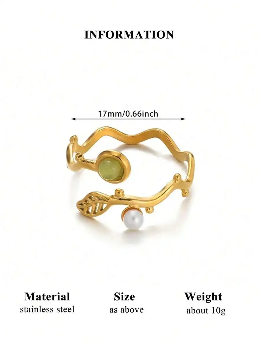 

Stainless Steel Wave Leaf Ring With Green Stone And Faux Pearl For Women Fashion Jewelry