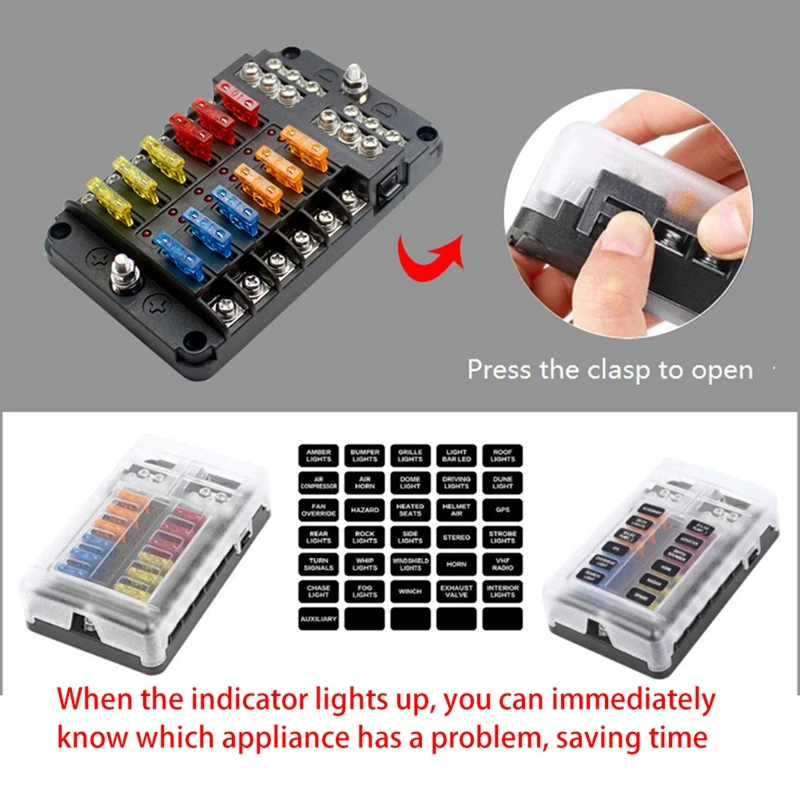 Bloco de fusíveis 12v, kit de caixa de fusíveis de 12 circuitos, com indicador led com caixa de fusíveis marinhos negativos para carro, barco, caminhão rv