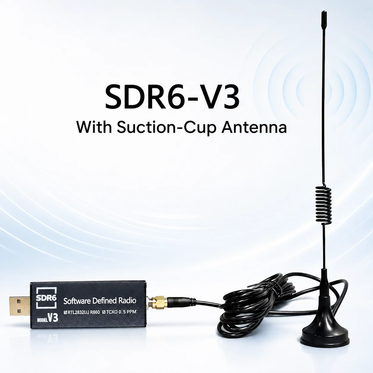 SDR6‑V3 RTL‑SDR Receiver RTL2832U+R860 1PPM TCXO Bias‑Tee 500kHz‑1.7GHz Software Defined Radio Receiver with Suction Cup Antenna