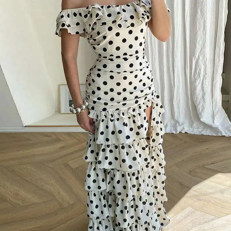 Elegante plissado fino irregular longo moda verão split em camadas bolo vestidos polka impressão fora do ombro vestido de festa feminino