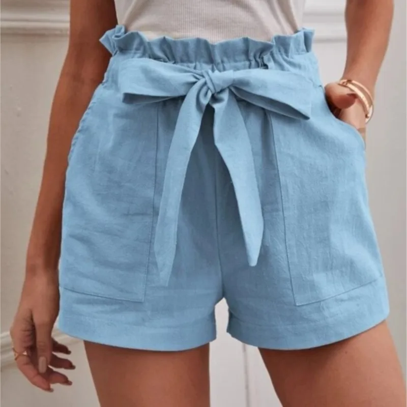 2025 New Summer Women's Loose Linen Casual Shorts Pockets Solid Large High Waist Wide Leg Trousers Fashion Lace-up Female Cloth