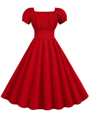 Imagen 2 del producto Vestido de verano de manga abullonada para mujer, Sexy, informal, Vintage, Pin Up, vestido de fiesta, sólido, elegante, Midi