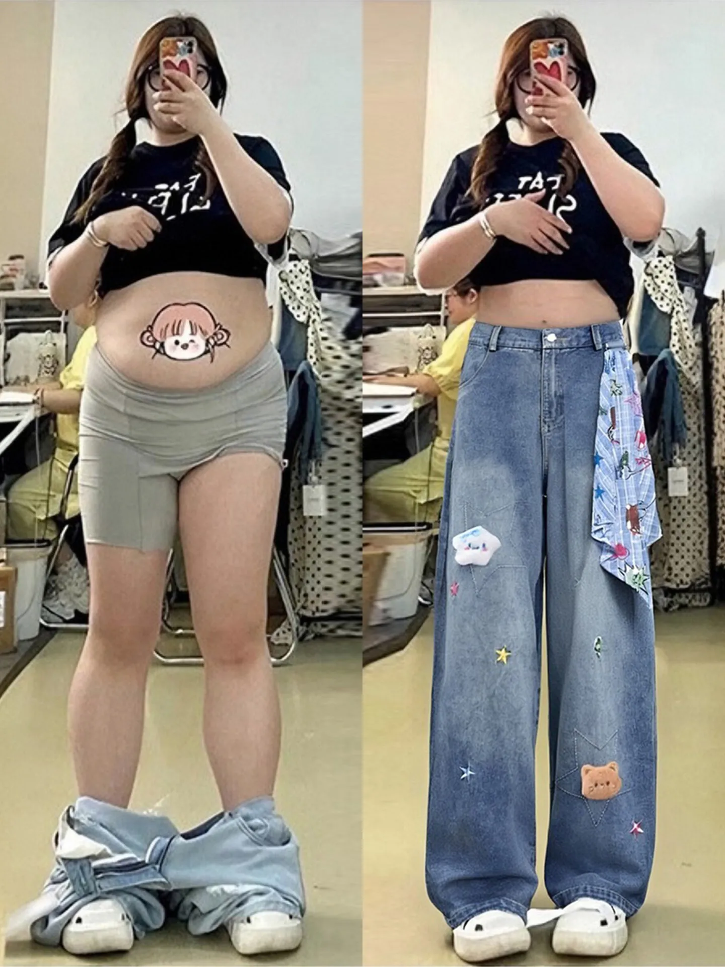 

Retro American Street Style Bear Embroidery Plaid Scarf Distressed Denim Pants High Waist Straight Leg Wide Leg Trousers