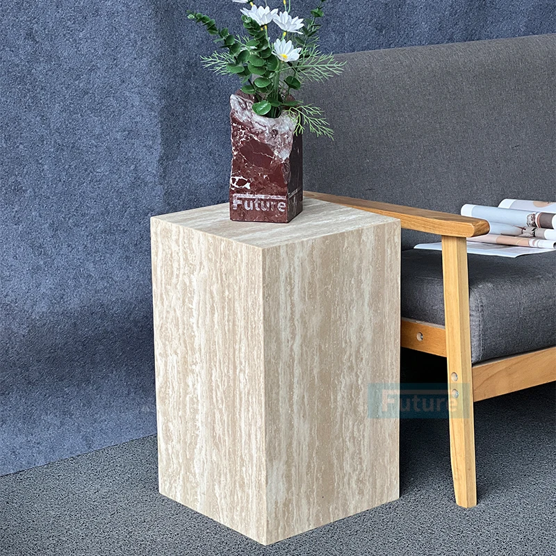 

Natural beige white travertine coffee table low base marble living room luxury natural custom cuboid tea side table