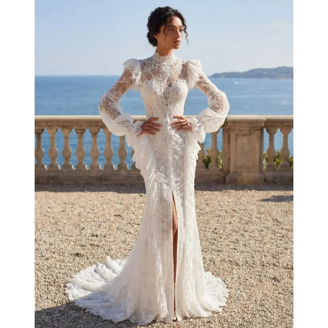 

Lace Mermaid Wedding Dresses Arabic High Collar Long Sleeves Bridal Gown Exquisite Ruffles Slit robe de mariée Customized