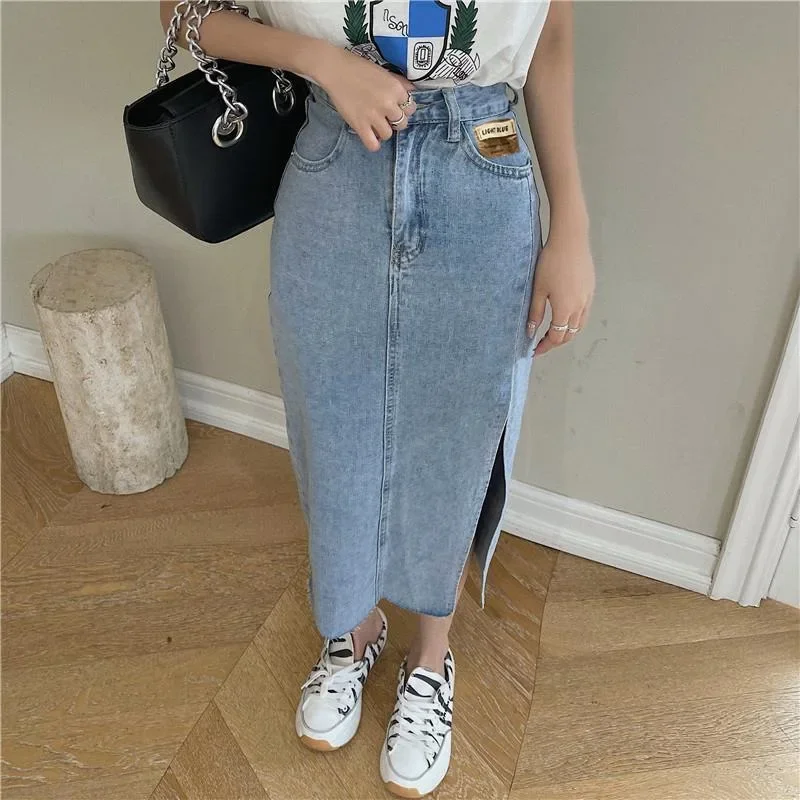 Side Split Blue Patchwork Denim Skirt Female High Waisted Labeled Thin Package Hip Mid Length Jeans Long Skirts for Women