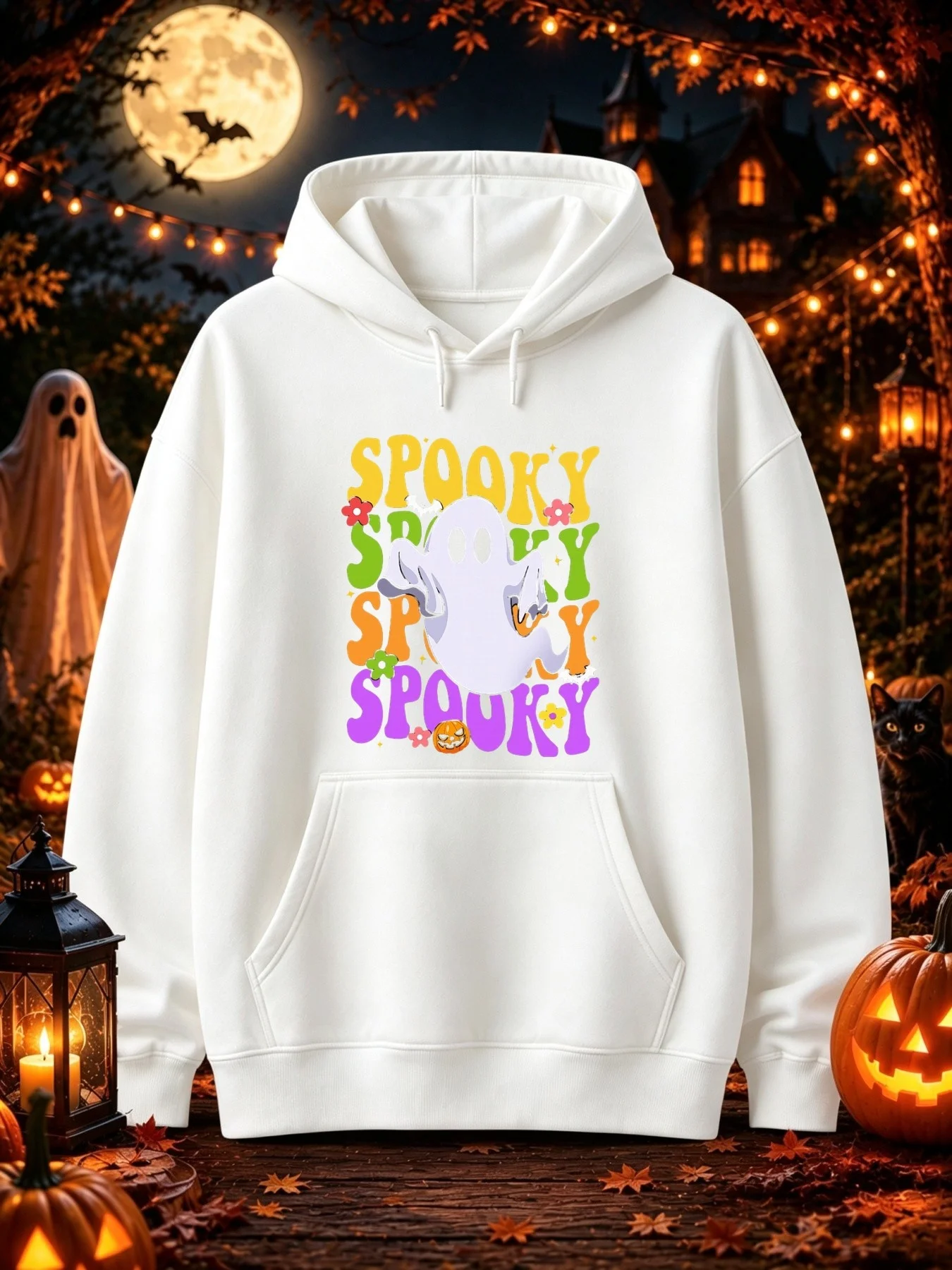 Men's Pattern Hoodie, Cartoon White Ghost Stacking, Colorful Horror Text, with Cute Flowers, Bats, Stars, Ghost Lamp Elements, Halloween Design