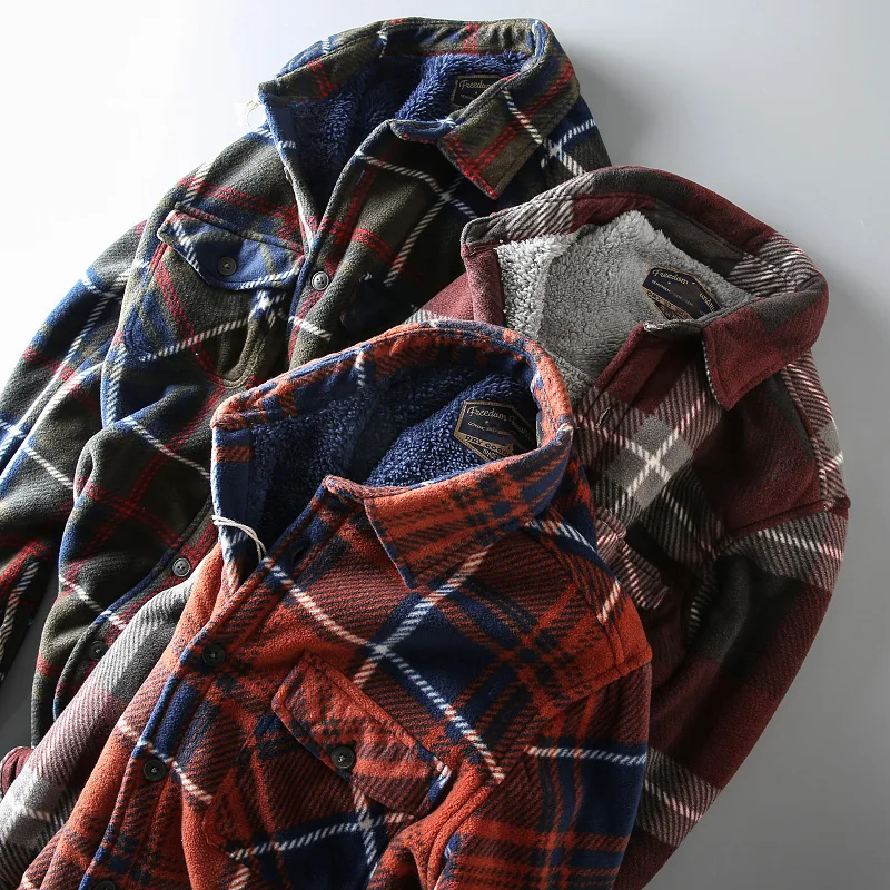 Fleece-Lined Thickened Warm Clothes, Added to Cotton, Padded Clothes Men's Casual Plaid Long Sleeve Shirts, Outerwear Top