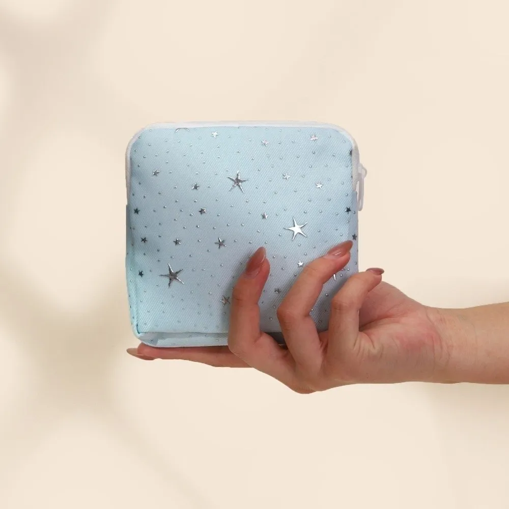 Silver Star Print Sanitary Pad Pouch Zipper Closure Portable Feminine Period Pouch Sanitary Napkin Storage Bag Women Girls