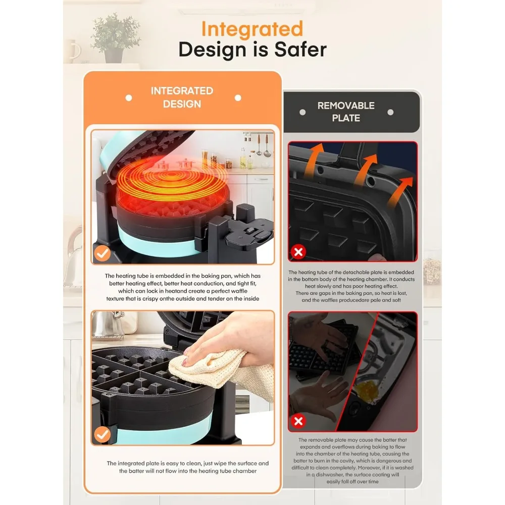 Double Waffle Maker, 1400W Rotating Belgian Waffle Iron with Nonstick Plates, 180° Flip, 8 Slices, Removable Drip Tray for Easy