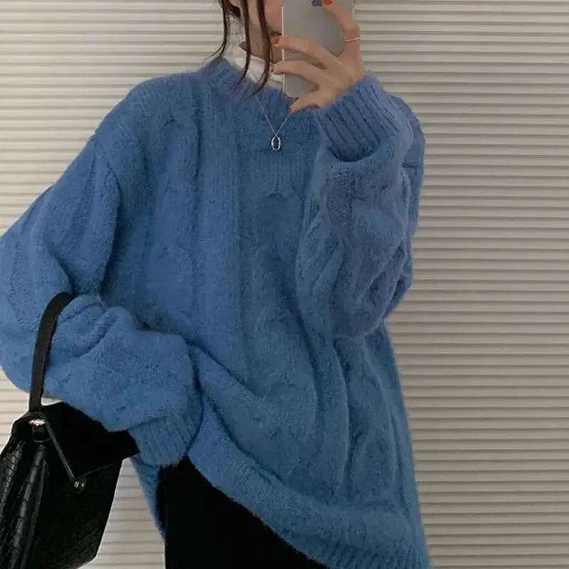 Basic Haze Blue Loose Knitted Pullovers Autumn Winter Casual O-Neck Women's Clothing Korean Vintage Long Sleeve Aura Sweaters