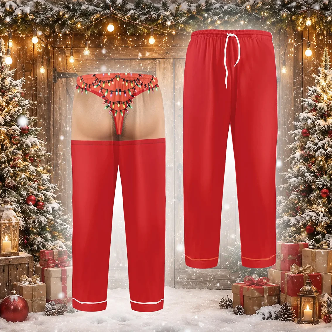 Funny Christmas Fake 2-in-1 Pajama Pants, Novelty Printed Long Trousers, Elastic Drawstring Loose Sleepwear for Holiday