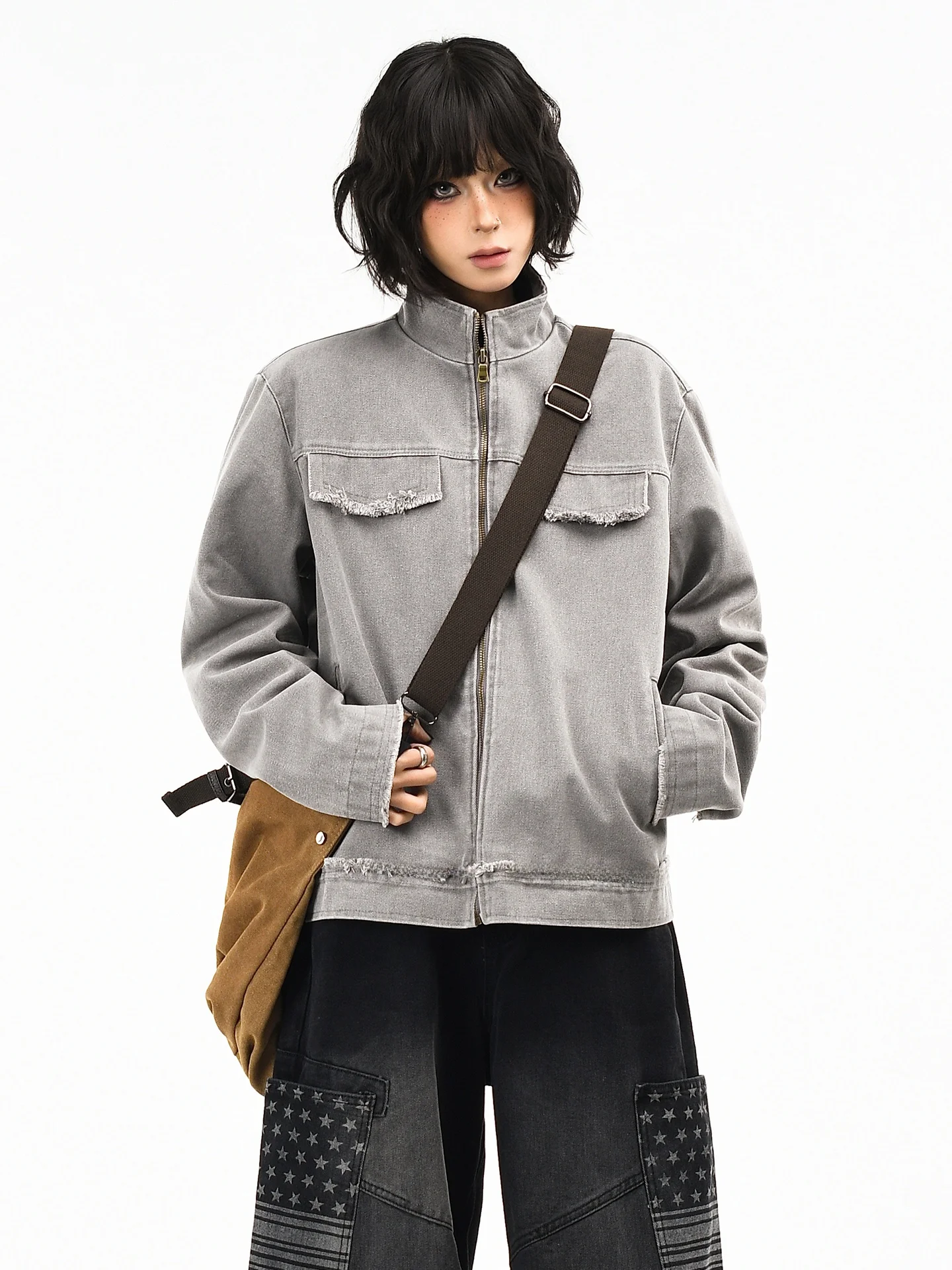 

OV Original American Sle Worn-In Waed ort Loose Workwear Jaet for Spring ex Stand Collar Denim Jaet Cotton