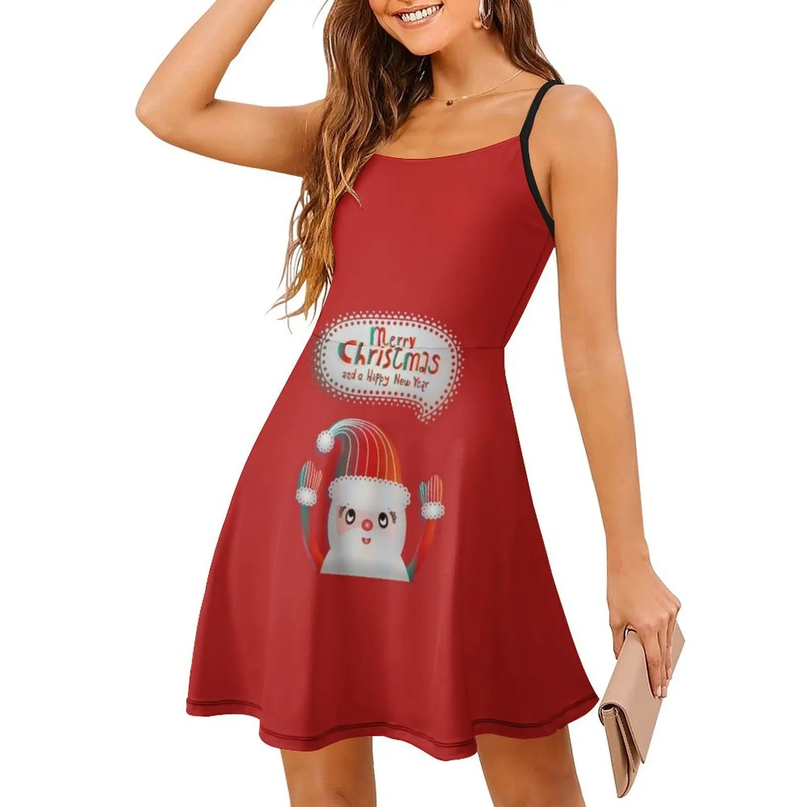 سانتا عيد ميلاد سعيد ورأس السنة الجديدة السعيدة فستان حفلة أنيق للنساء فستان على شكل حرف a مع خيارات قصيرة/طويلة/بدون أكمام سانتا #3