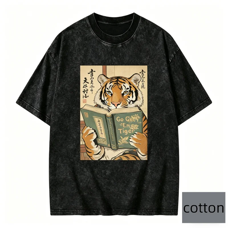 Koreanischer Vintage-Stil Gewaschenes Kurzarm-T-Shirt mit Go Get Em Tiger Grafik-Print für Männer und Frauen, Locker Sitzend, Streetwear, Lässiges Oberteil – Detail 5