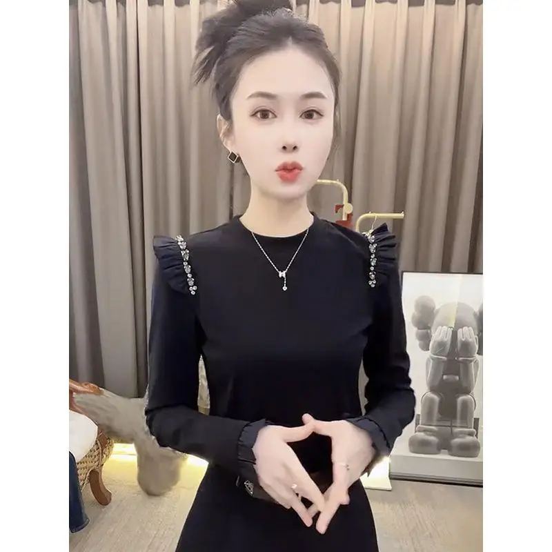 

Осень-зима 2021, новая модная универсальная утягивающая базовая рубашка с длинными рукавами, женская модная рубашка с бриллиантами, топ