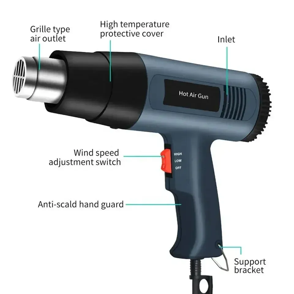  2000W heat gun with adjustable temperature (60℃~600℃) for shrink packaging of handicrafts and home decoration 