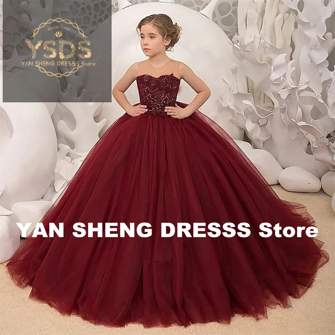 T ulleดอกไม้สาวชุดลูกไม้A Ppliquesยาวอย่างเป็นทางการเจ้าหญิงแต่งงานประกวดบอลชุดสําหรับเด็ก