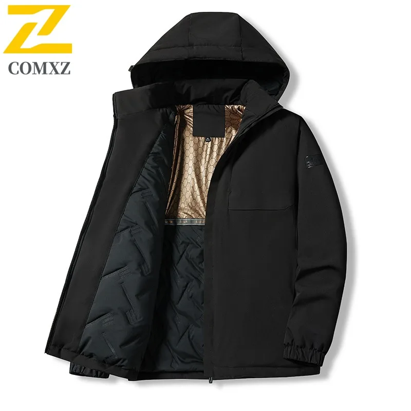 

COMXZ 2025 Winter Men Graphene Cotton Jacket Detachable outdoor Hooded Waterproof Windproof Solid Color Thick Fleece Lined Coat