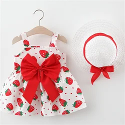 Summer Girls New Sling Dress Sweet Strawberry Big Bow Cotton Cloth Skirt Comes with Hat Suitable for 0-3 Year Old Babies