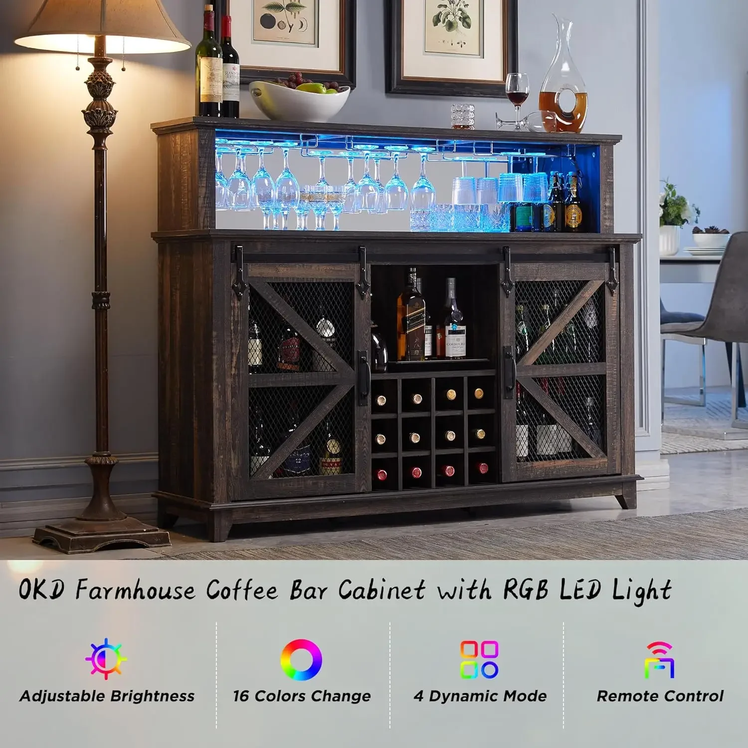 OKD-gabinete de barra de café de granja con luces LED, armario de barra de vino de 55 "con puerta de Granero corrediza y estante de vino y vidrio, cocina