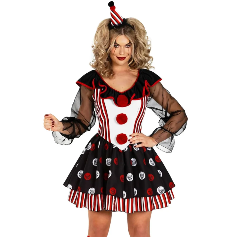 Halloween Costumes Women Horror Clown Cosplay Mini Dress Sheer Long Sleeve Ruffle Collar Polka Dot Stripe Party Club Outfit - view 4