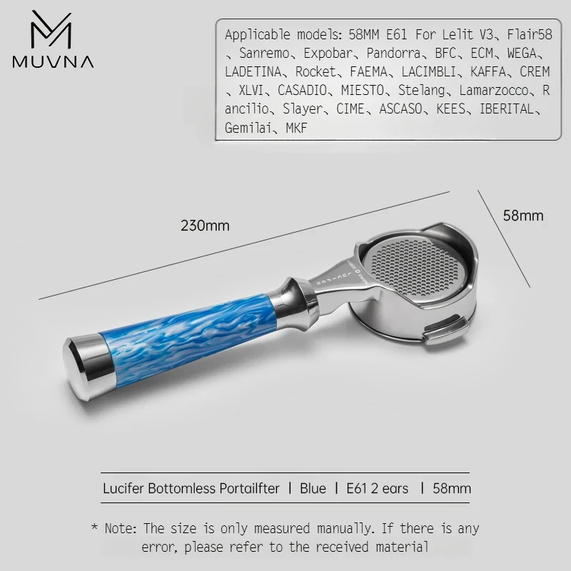 MUVNA Espresso bodemloze portafilter Lucifer-serie, naakte portafilter met mand, geschikt voor E61/Nuova/Delonghi/Breville-machines